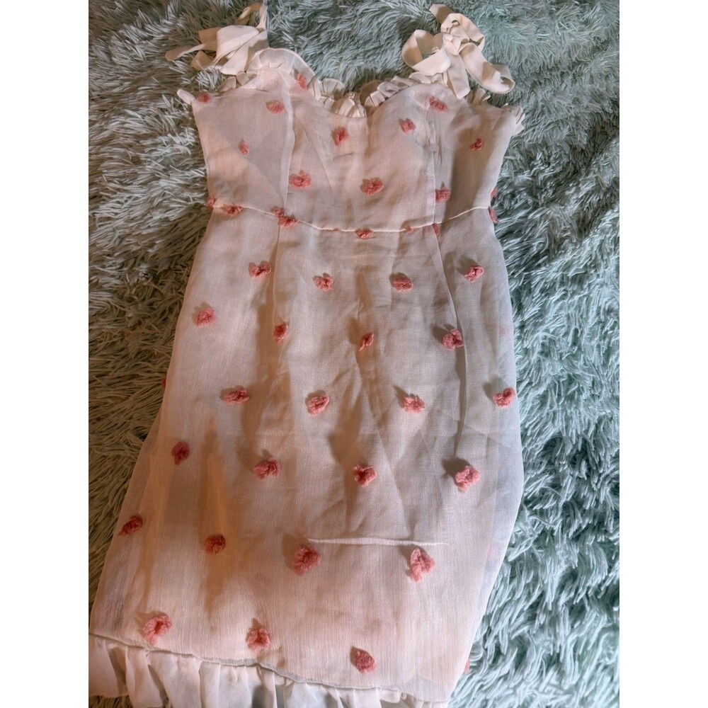 SBetro Women White Cocktail Dress S Cami Bow Strap Ties Pink Crochet ￼